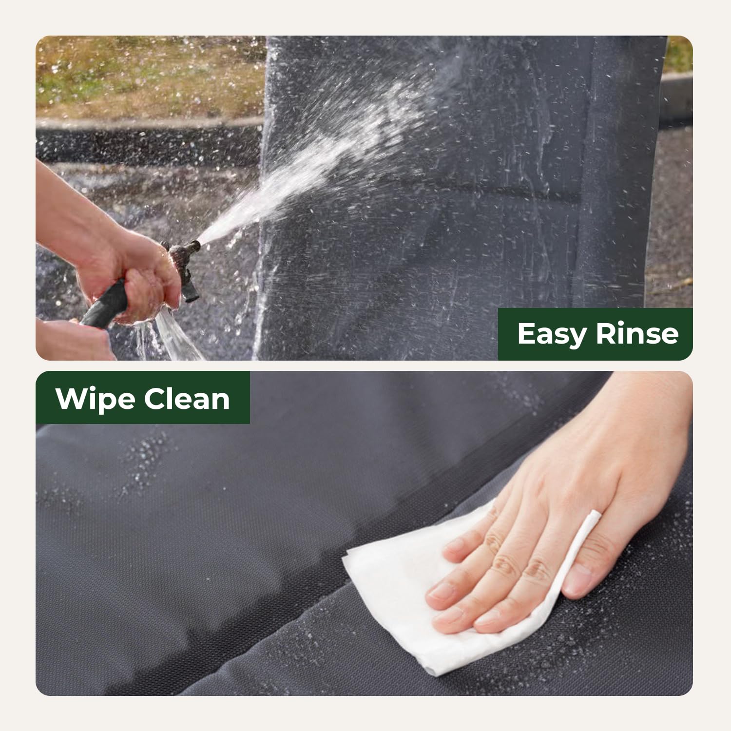 Wipe-clean surface; hose down or machine wash for easy maintenance.