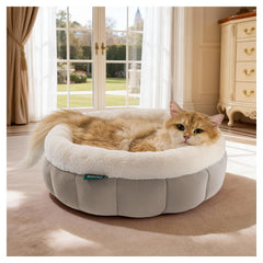BALANCE 18-inch round cat bed offers cozy lounging for indoor cats.