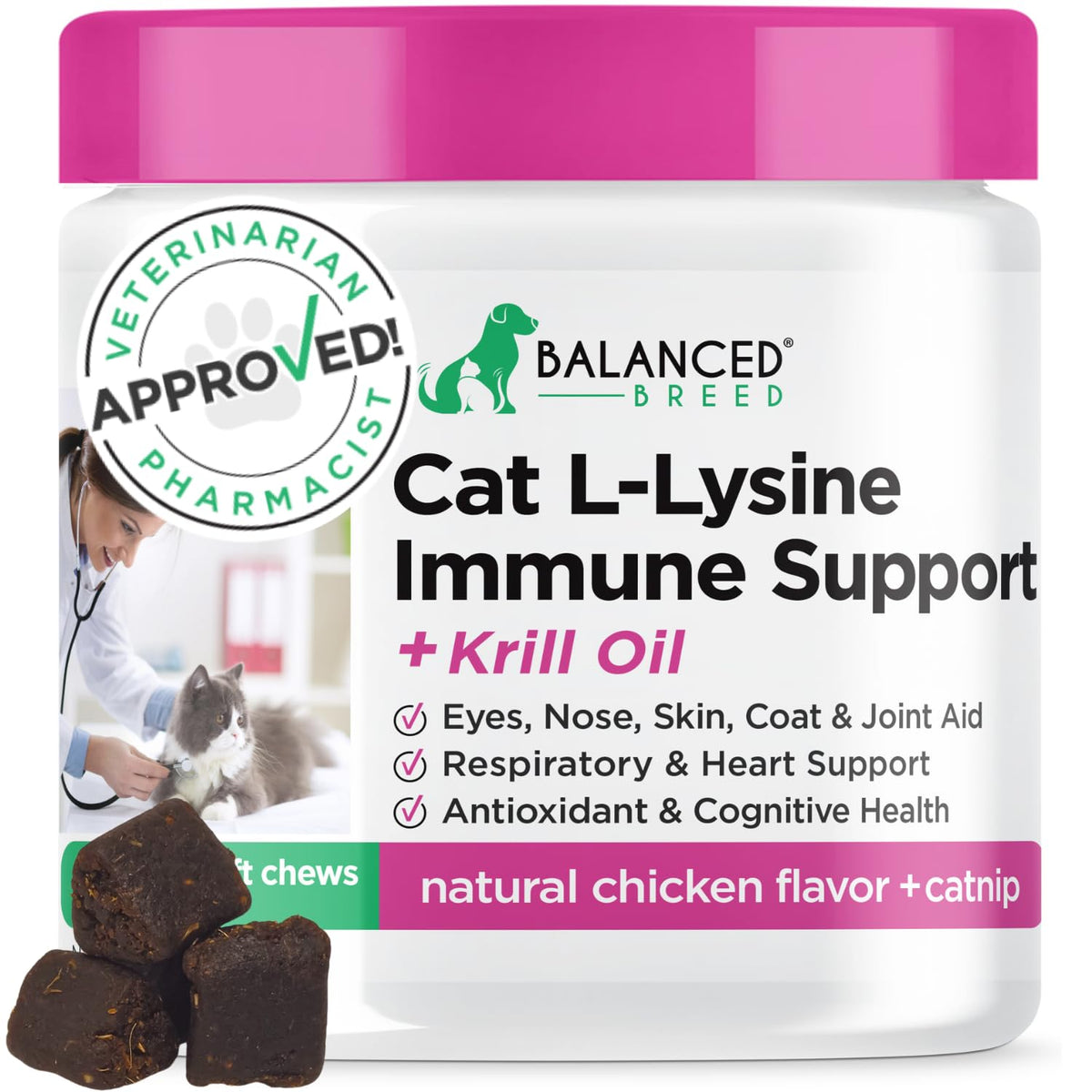 Balanced Breed Lysine Cats Immune Support soft chews promoting immune health.