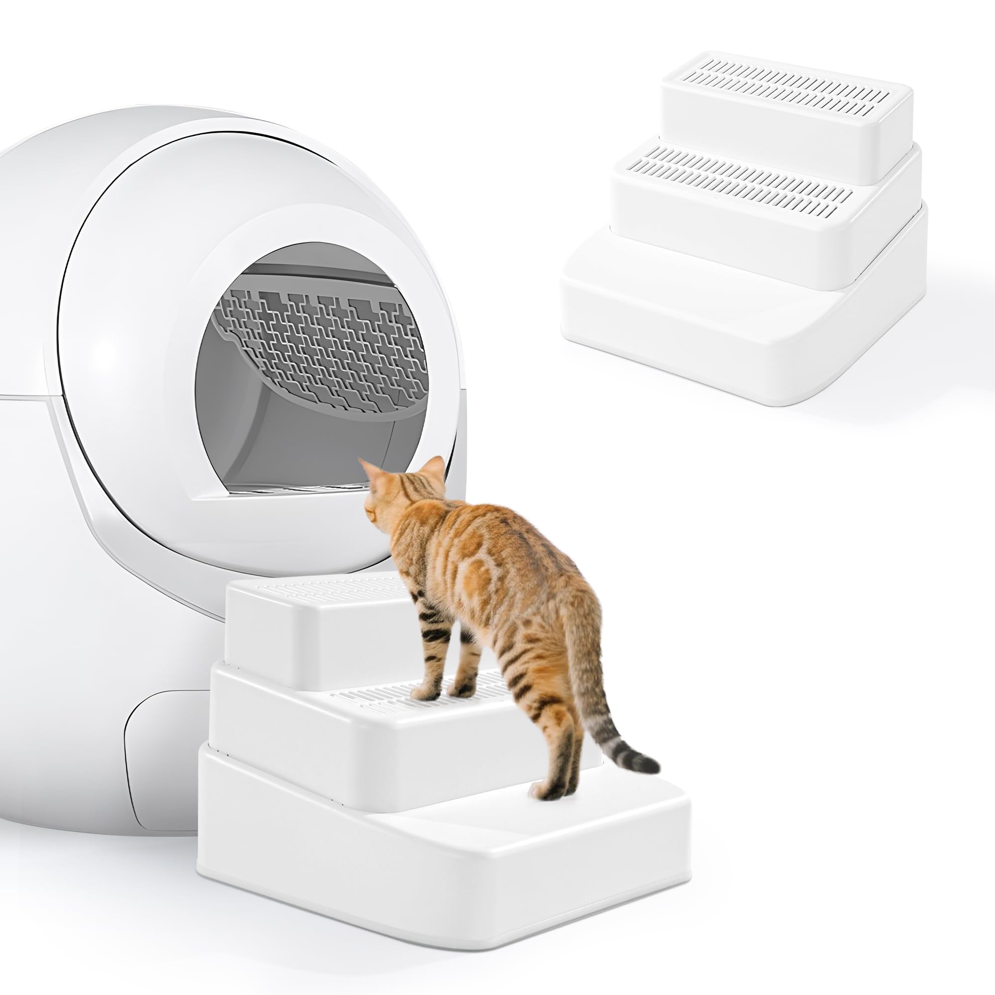 BALAPET adjustable 3-steps litter box ramp aiding small cats to access the box with less effort