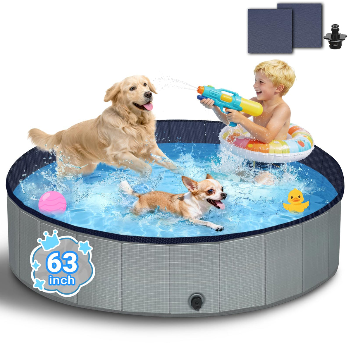 Bamda foldable dog pool 63-inch diameter ideal for large dogs cooling off.