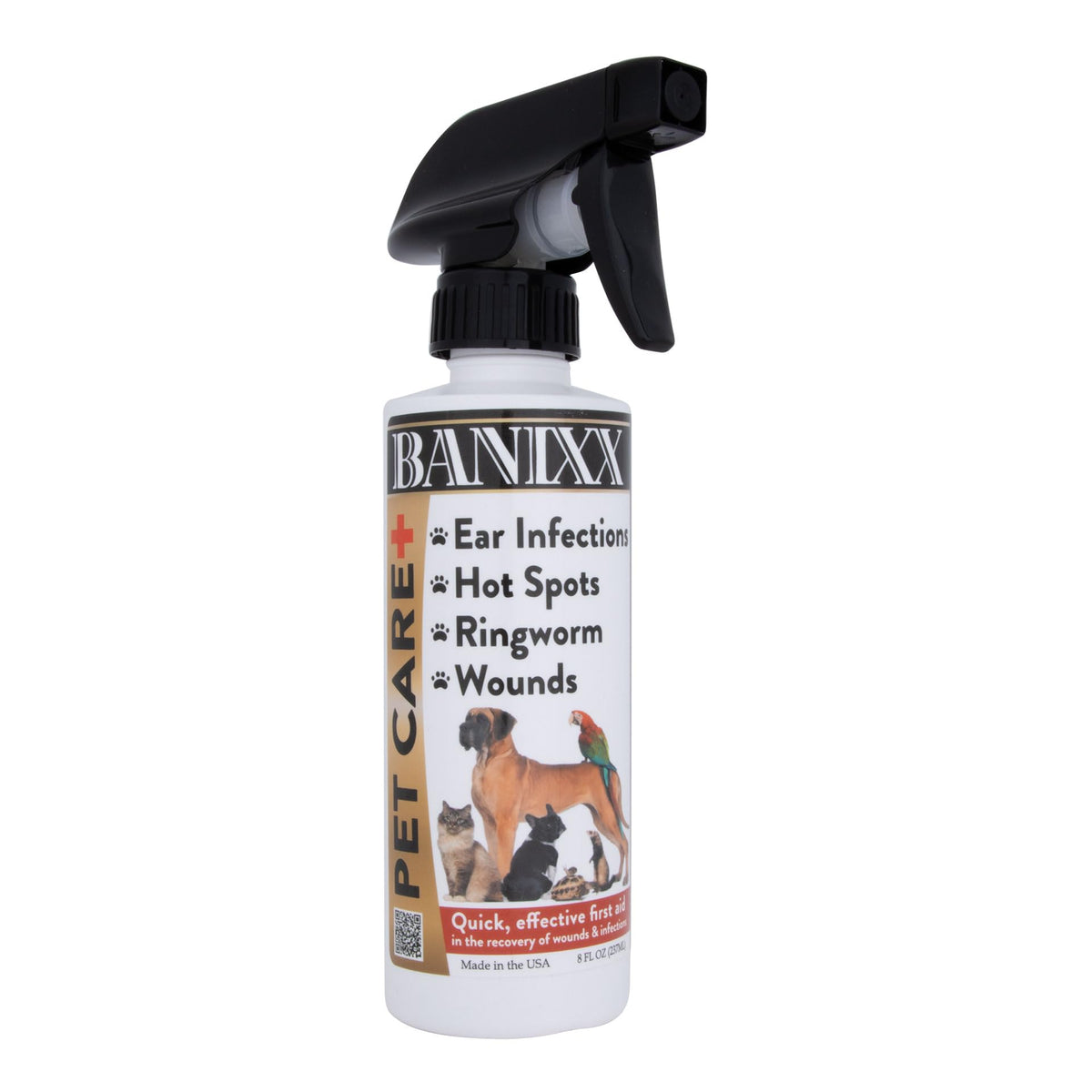 Banixx Horse and Pet Care Spray bottle front view for gentle, odorless grooming of horses, dogs, and cats