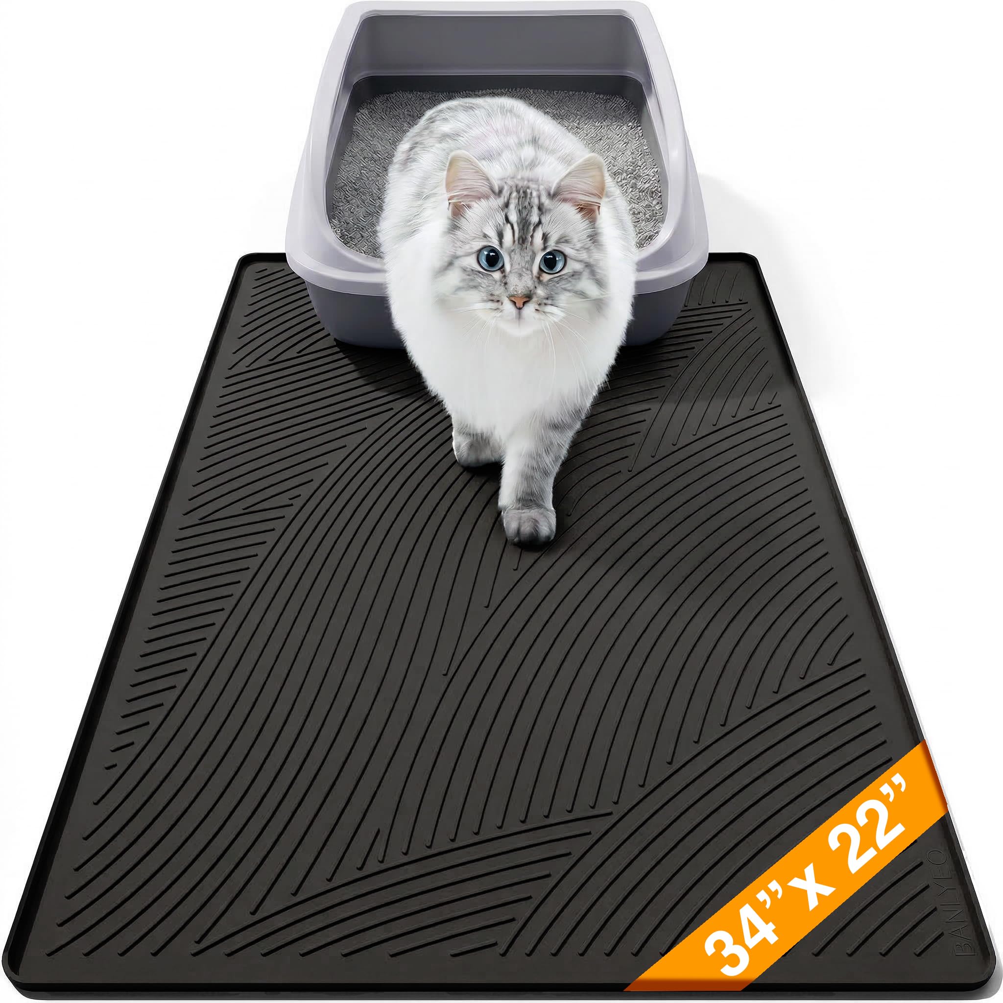 BANLYEO cat litter box mat large 34x22 front view showing waterproof silicone surface for easy cleaning