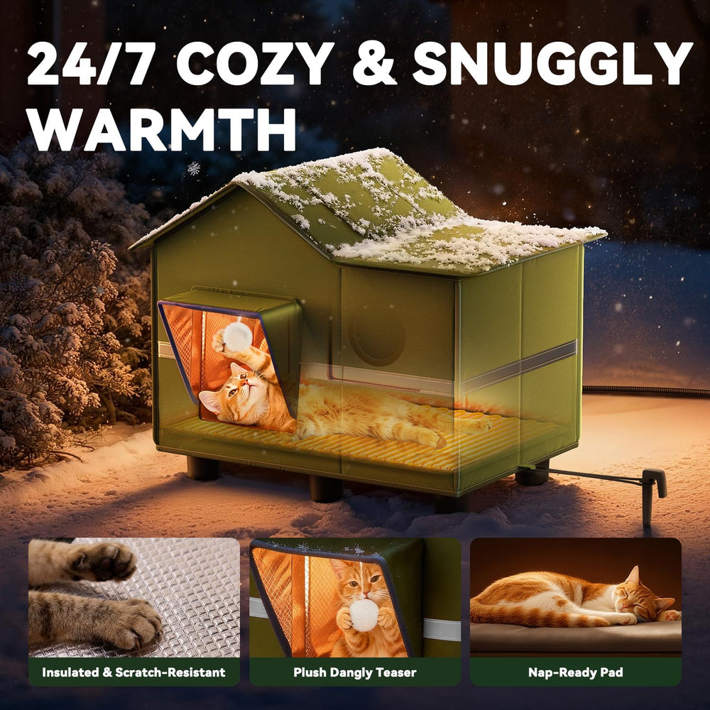 Banxye heated cat shelter roof highlights weatherproof protection.