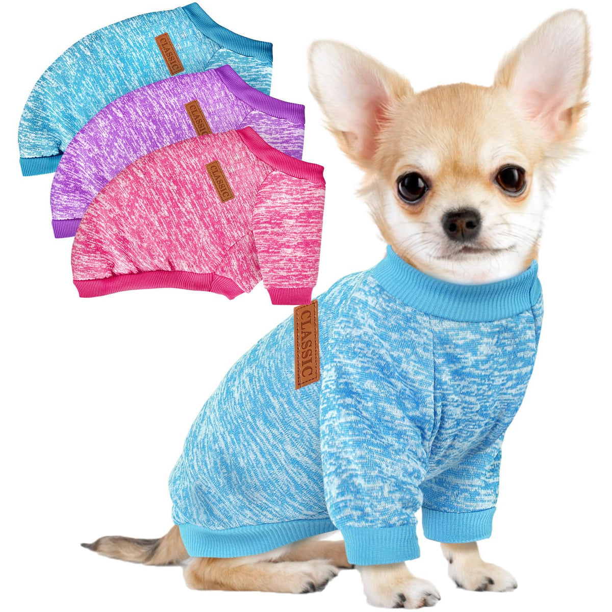 Baobicute 3-pack dog sweaters in rose on a small dog for warmth