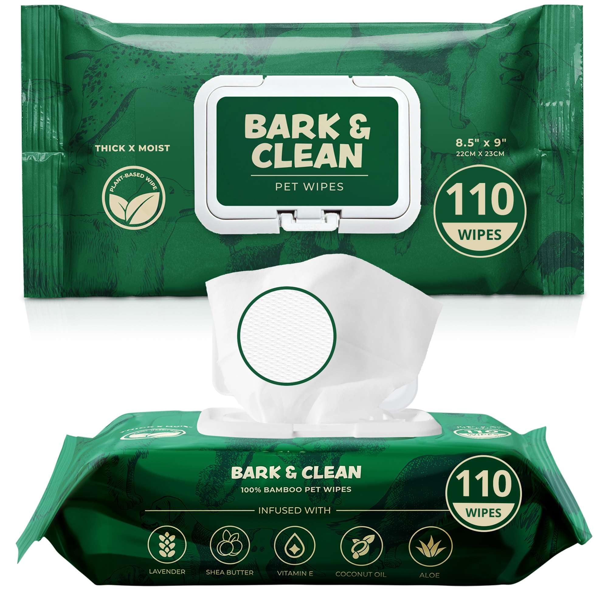 Bark & Clean dog wipes pack front showing eco-friendly packaging and product name.