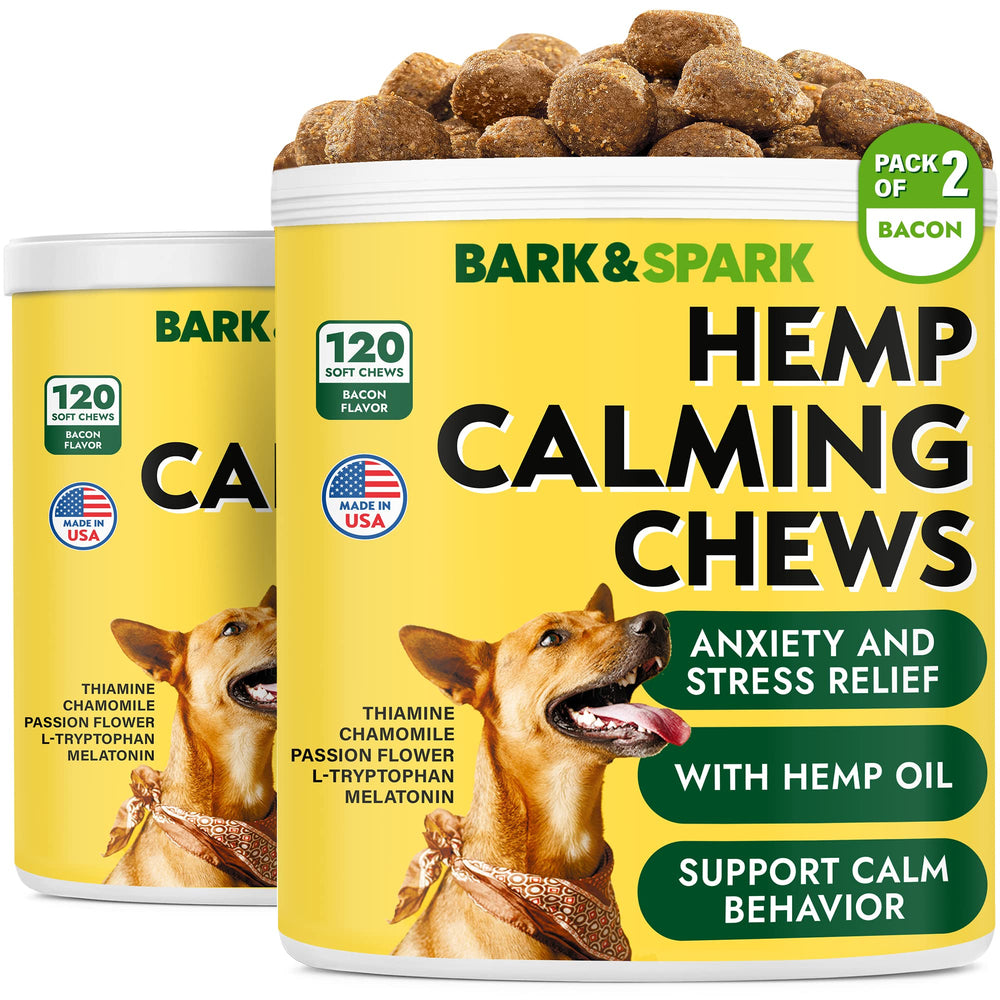 BARK&SPARK Calming Hemp Treats packaging showcases USA-made soothing benefits during storms.