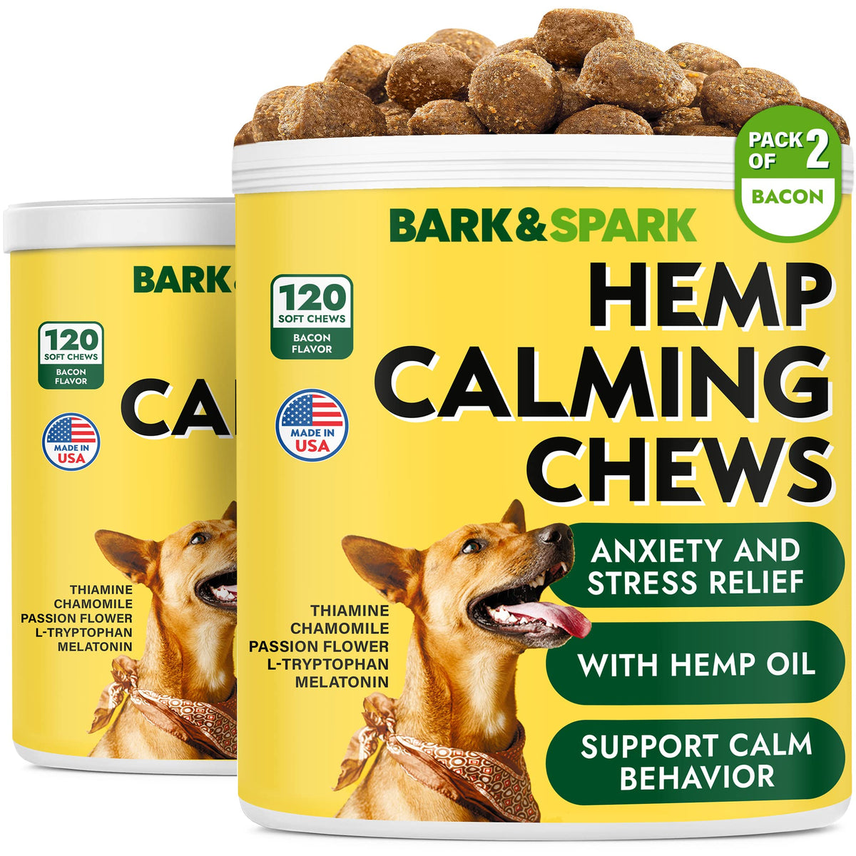 BARK&SPARK Calming Hemp Treats packaging showcases USA-made soothing benefits during storms.
