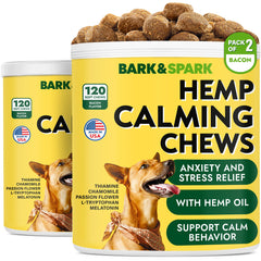 BARK&SPARK Calming Hemp Treats packaging showcases USA-made soothing benefits during storms.