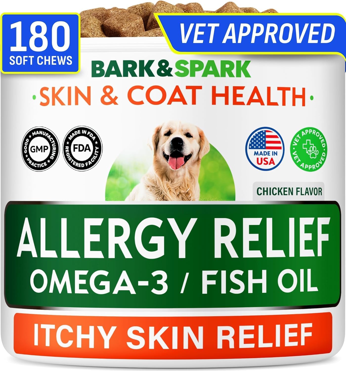 BARK&SPARK allergy relief chews jar label supports daily itchy-skin comfort.