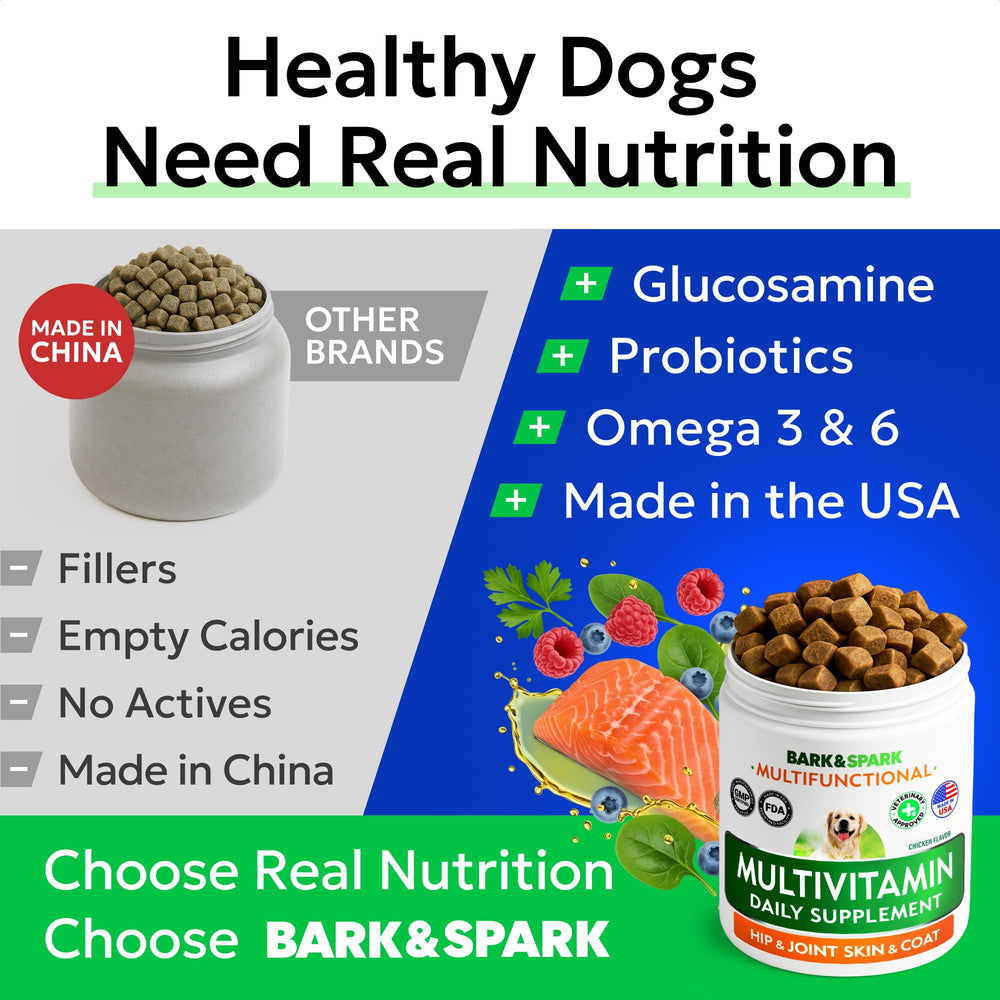 BARK&SPARK digestive enzyme chews visible, signaling digestive comfort