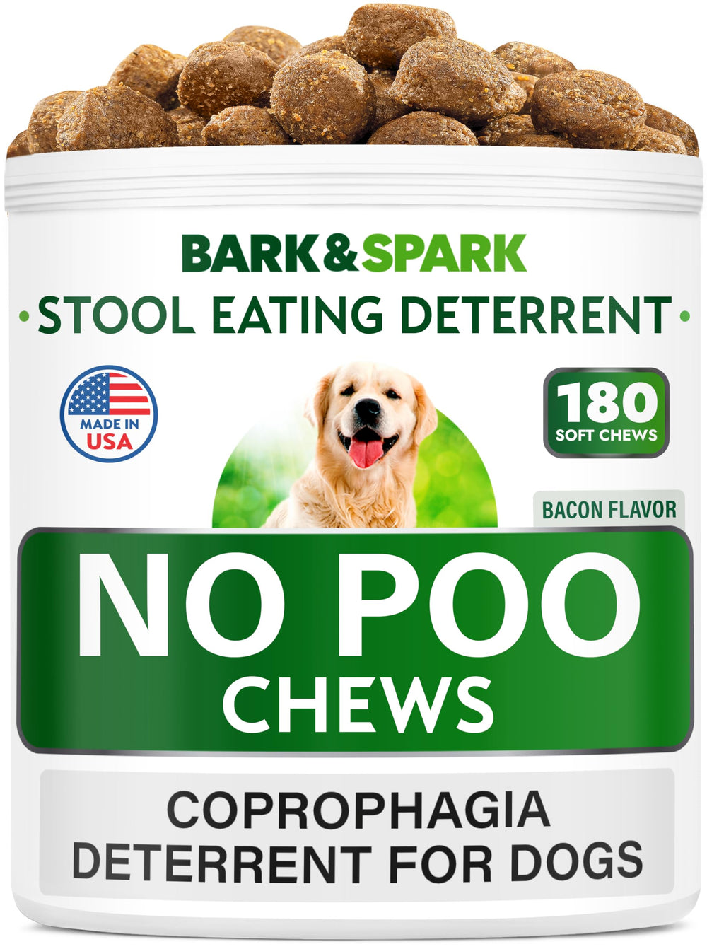 BARK&SPARK NO Poo Treats bottle label highlighting digestion support