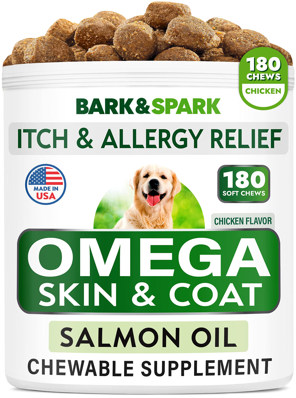 BARK&SPARK Omega 3 dog treats in a jar promote healthy skin and coat.