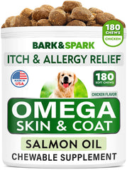 BARK&SPARK Omega 3 dog treats in a jar promote healthy skin and coat.
