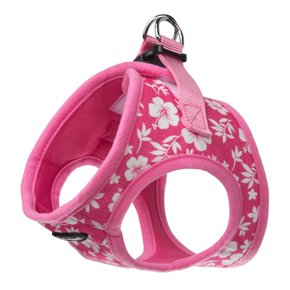 Bark Appeal pink hibiscus step-in harness front view with soft mesh for comfort