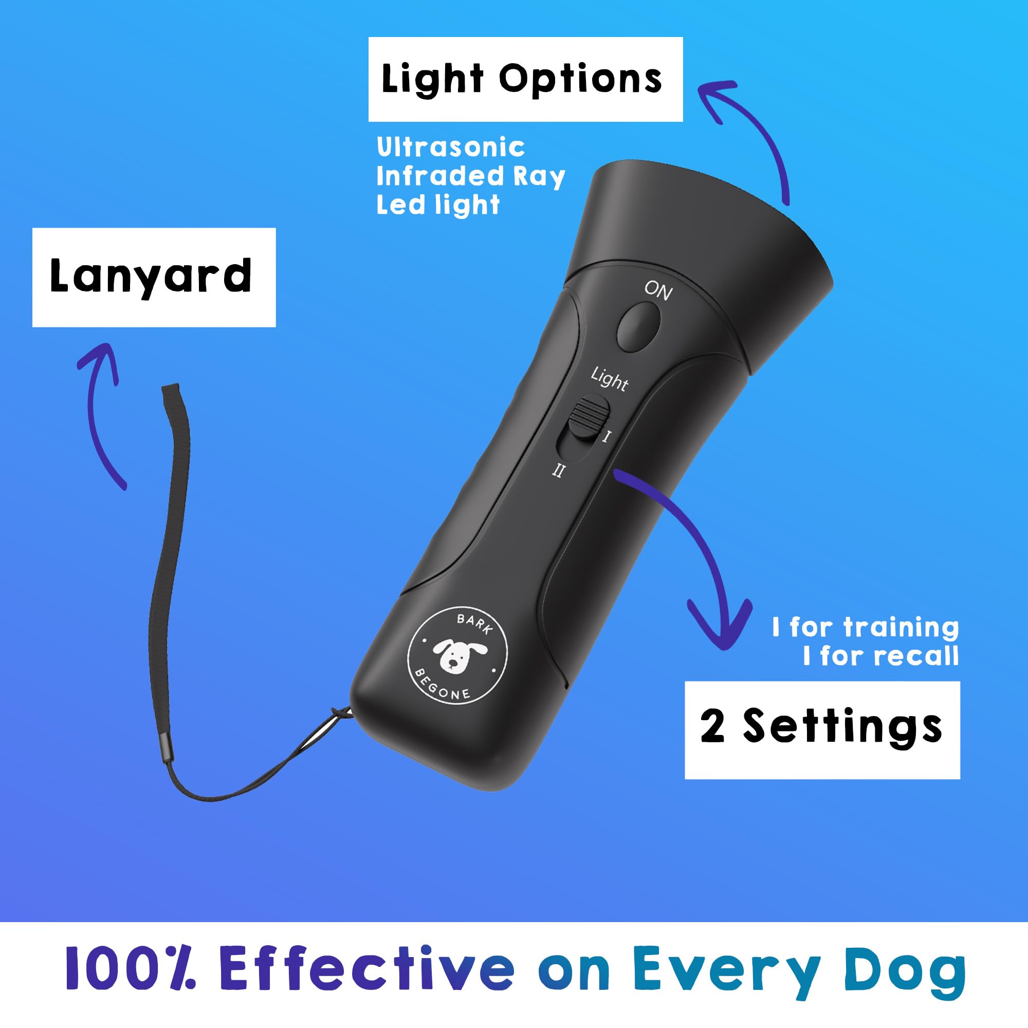 Bark Begone built-in flashlight aids training in low light.
