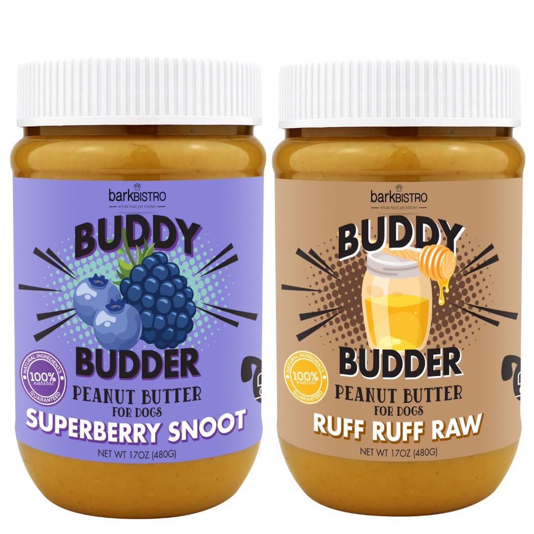 Bark Bistro Superberry Snoot Buddy Budder front view with two 17oz jars for dogs' treats