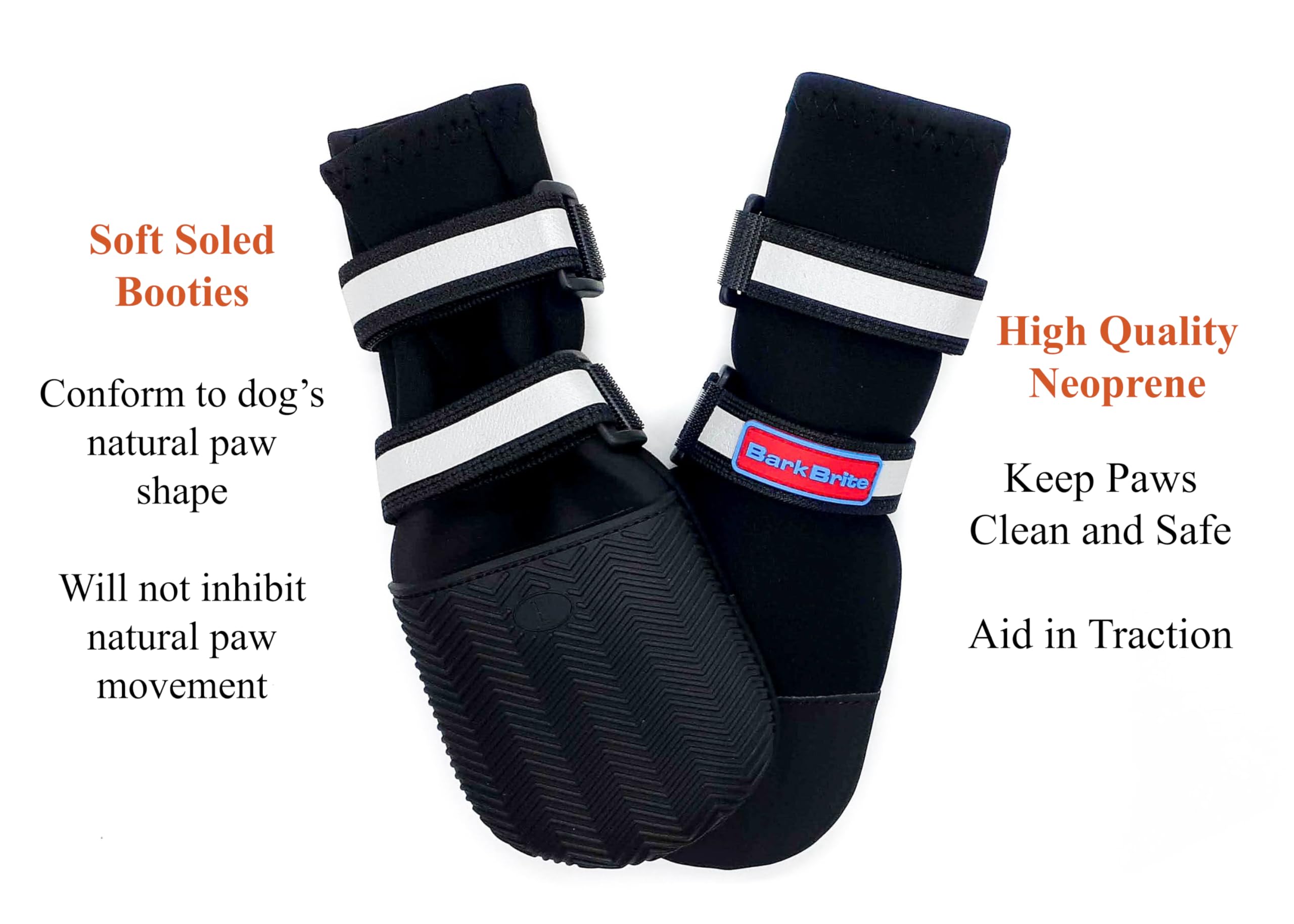 Bark Brite paw boots with reflective straps for 360-degree visibility.