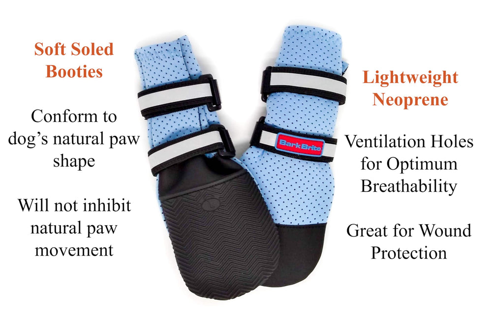 Bark Brite booties with reflective straps improve visibility during walks.