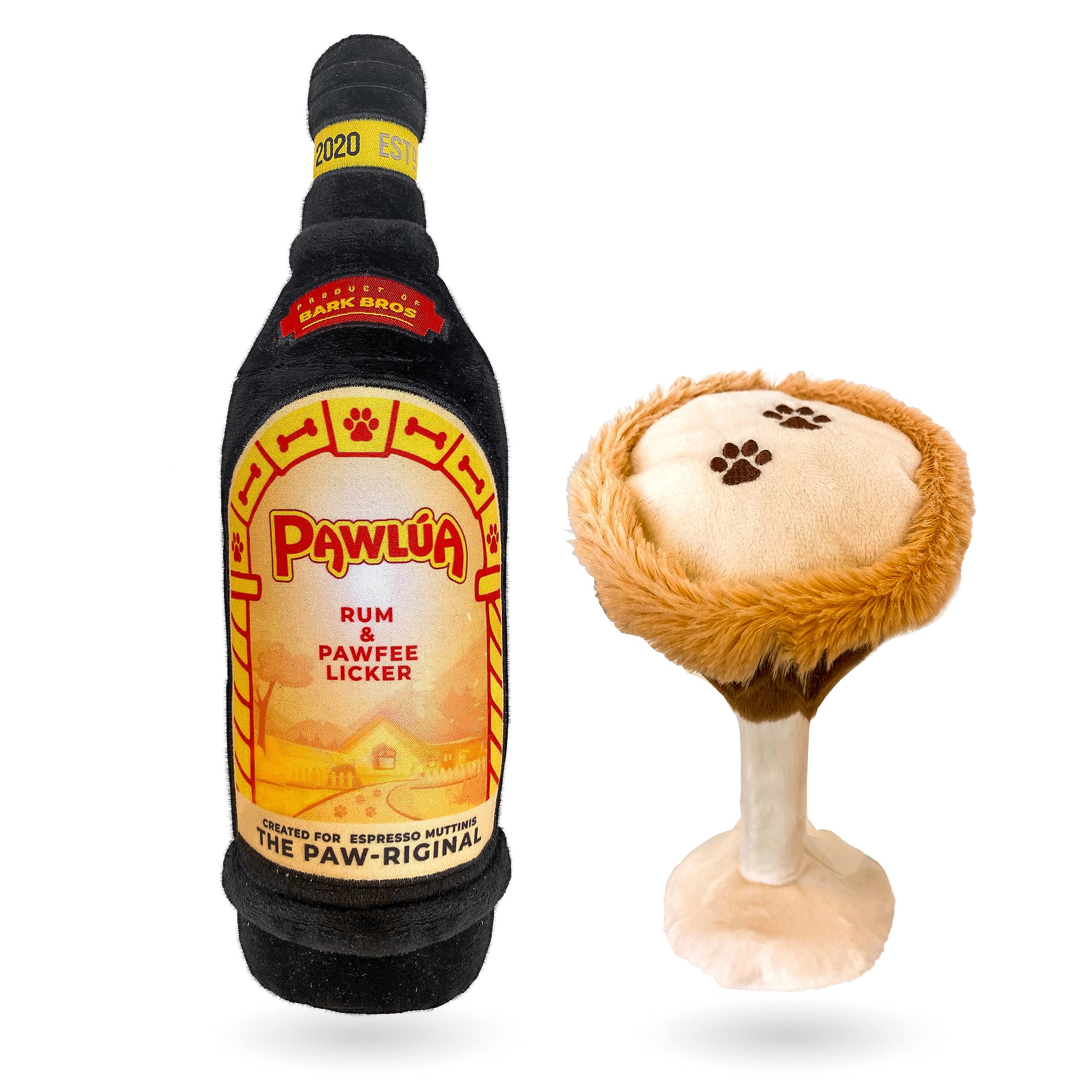 Bark Bros liquor bottle espresso muttini toy for interactive play and a satisfying squeak