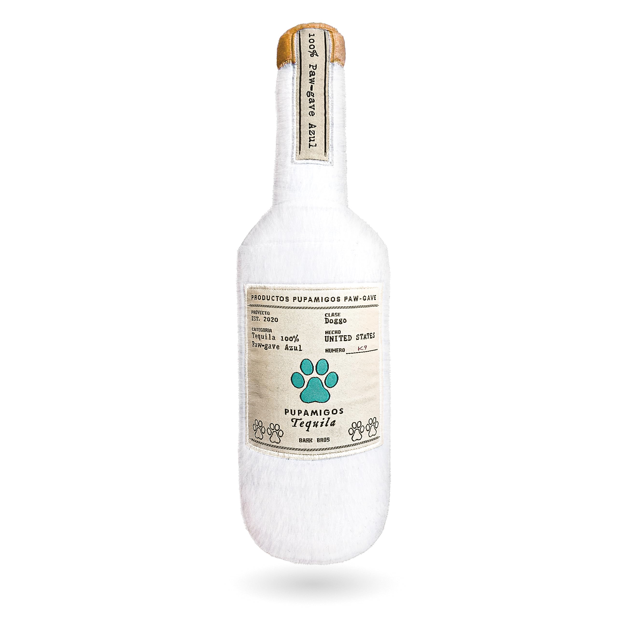 Bark Bros liquor bottle dog toy with squeaker for playful fetch.