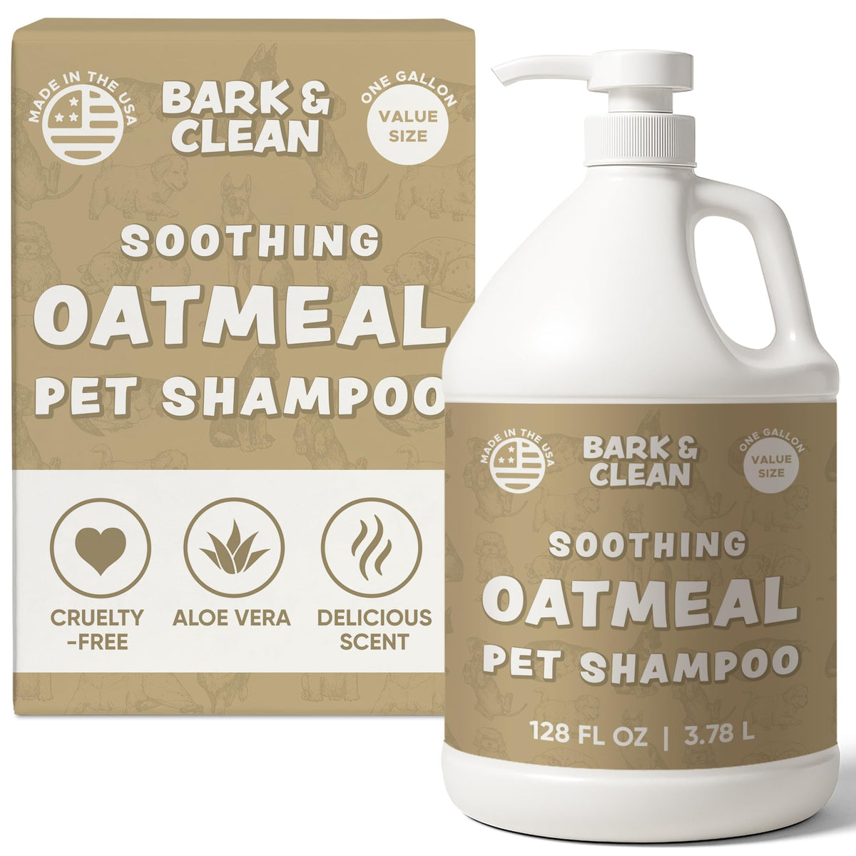 Bark & Clean oatmeal dog shampoo bottle demonstrates soothing formula for itchy skin.