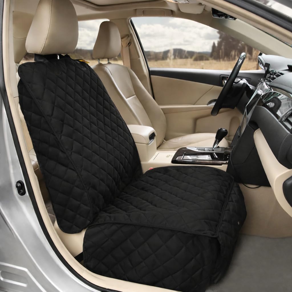 Bark Lover deluxe-front-seat-cover-waterproof protects seats on muddy trips.