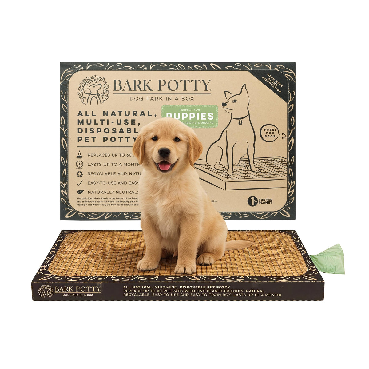 Bark Potty puppy-teething-use demonstrates a chew-friendly potty for teething puppies indoors.