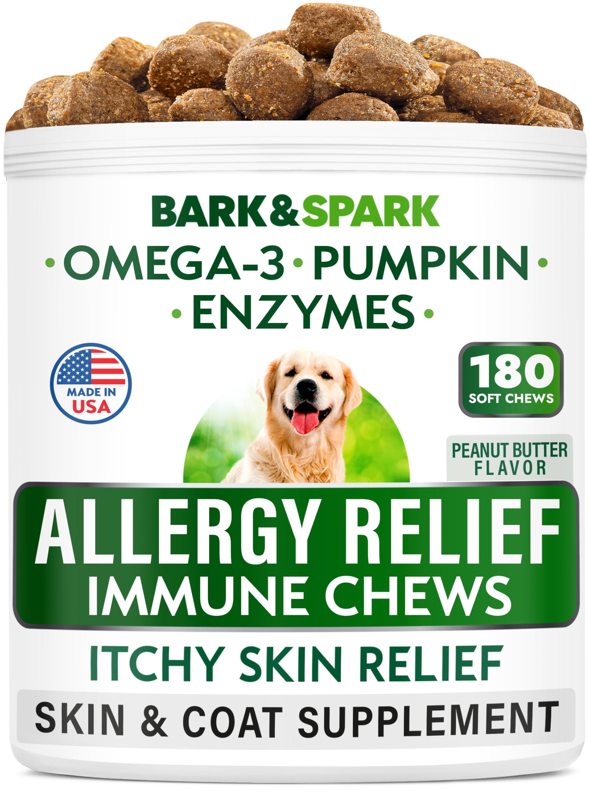 BARK&SPARK Allergy Relief Soft Chews bottle highlights omega-3 support for skin