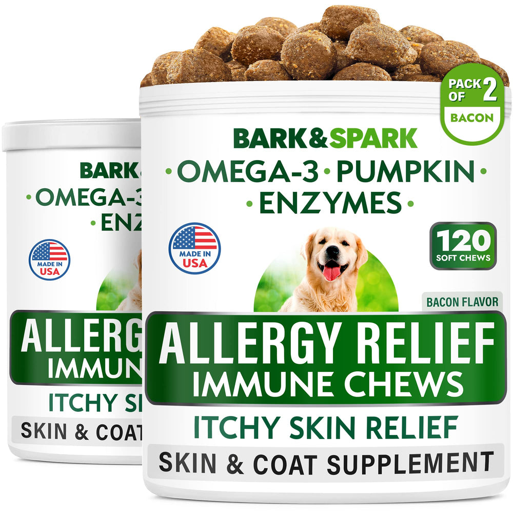 BARK&SPARK dog allergy relief bottle shown for convenient daily supplementation