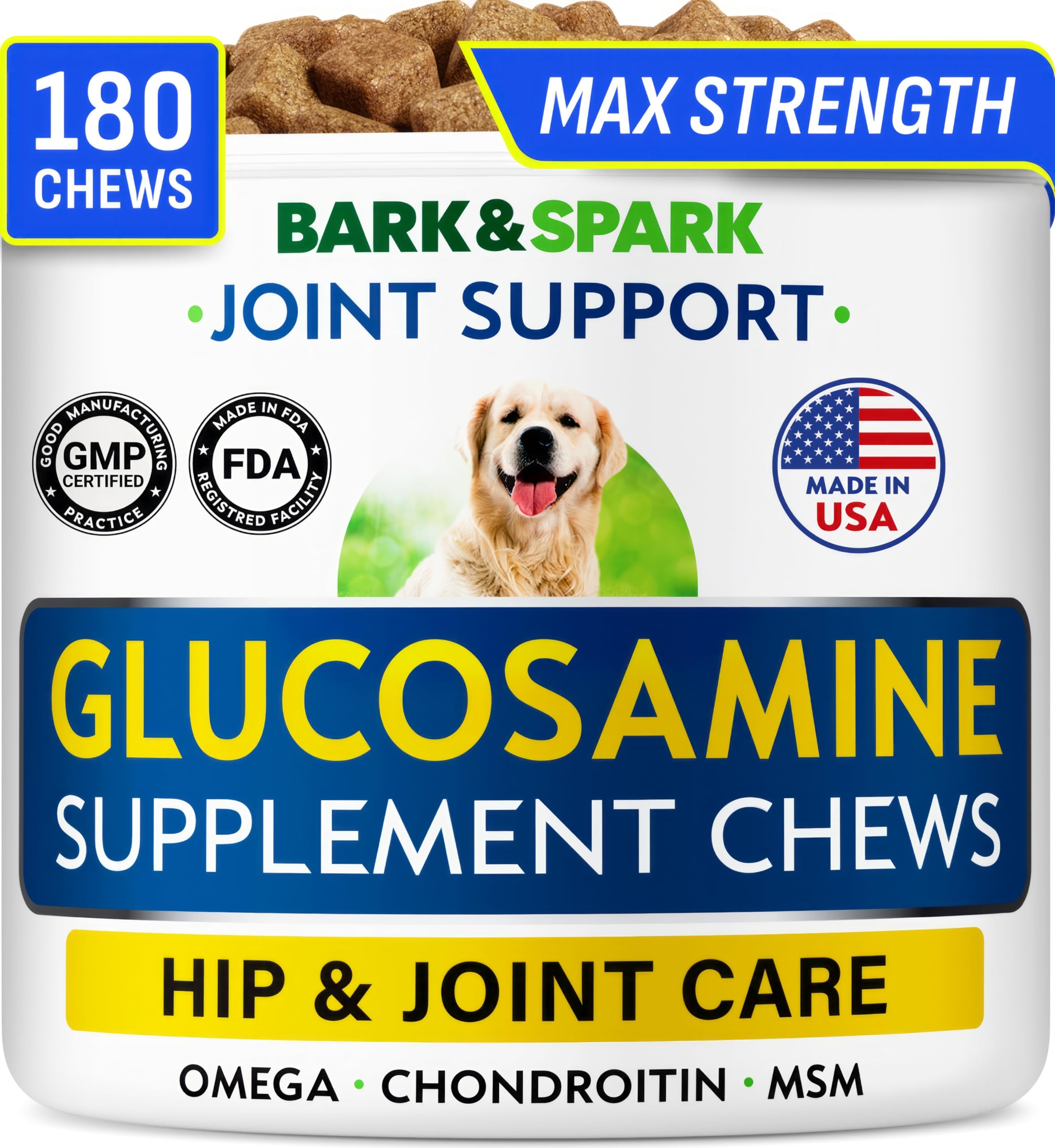 BARK&SPARK glucosamine chondroitin dog hip joint chews in a jar for easy daily supplement.