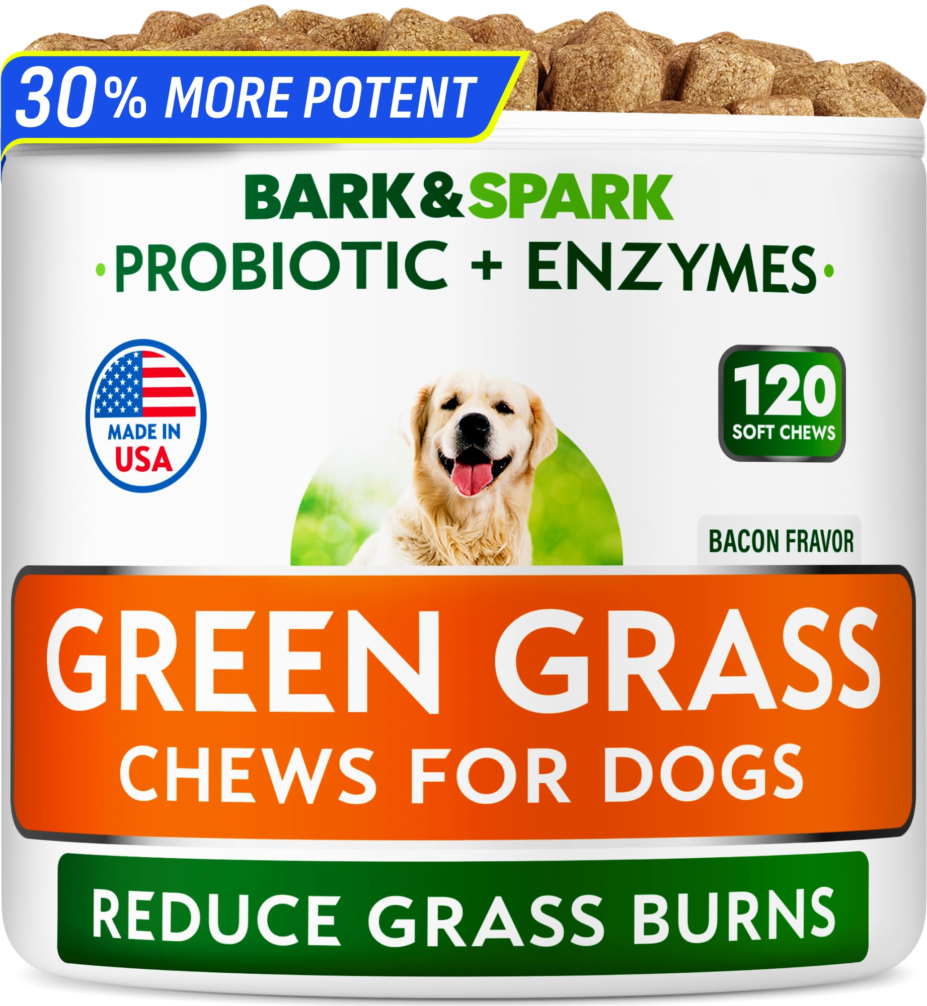 BARK&SPARK Green Grass Dog Chews pack front showing lawn protection benefits.
