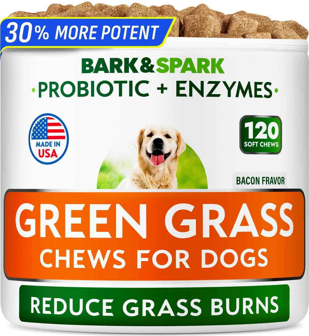 BARK&SPARK Green Grass Dog Chews pack front showing lawn protection benefits.