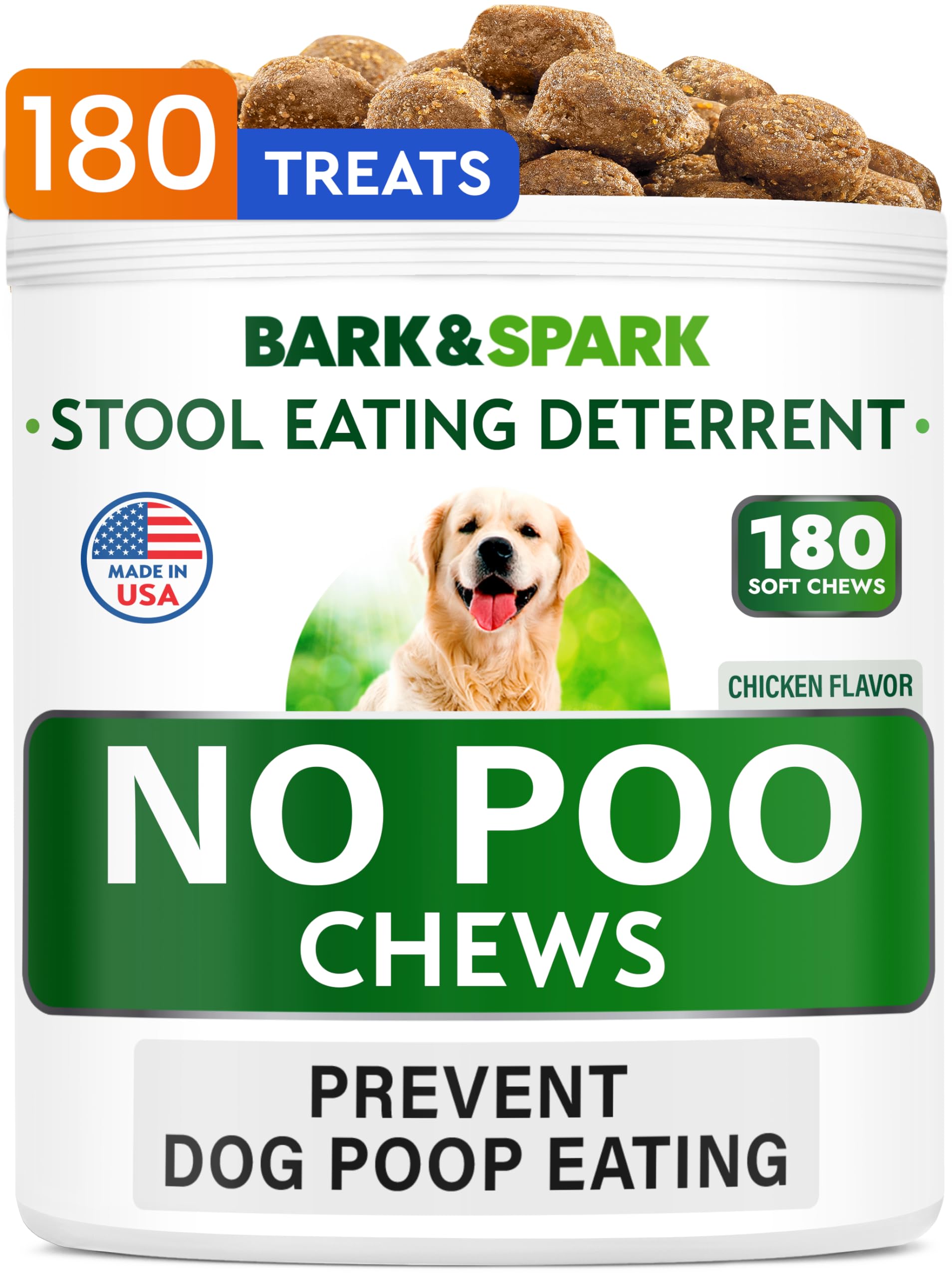 BARK&SPARK No Poo Treats bottle showing digestion-supporting probiotics for dogs.