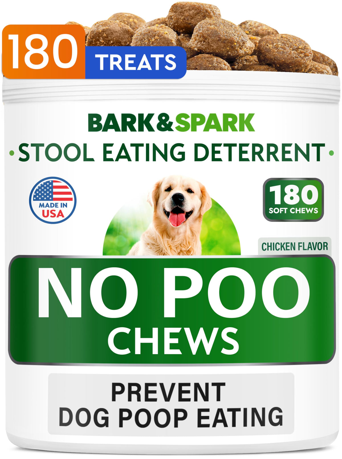 BARK&SPARK No Poo Treats bottle showing digestion-supporting probiotics for dogs.