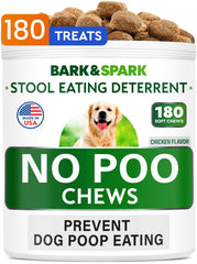 BARK&SPARK No Poo Treats bottle showing digestion-supporting probiotics for dogs.