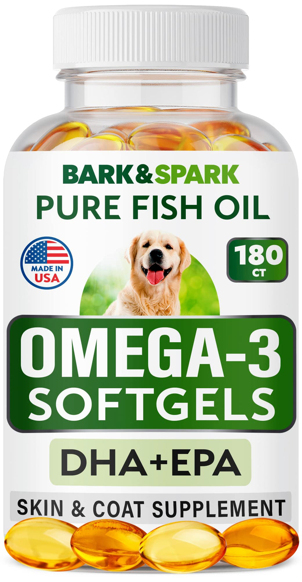 BARK&SPARK Omega-3 dog softgels bottle offers convenient daily skin and joint support.