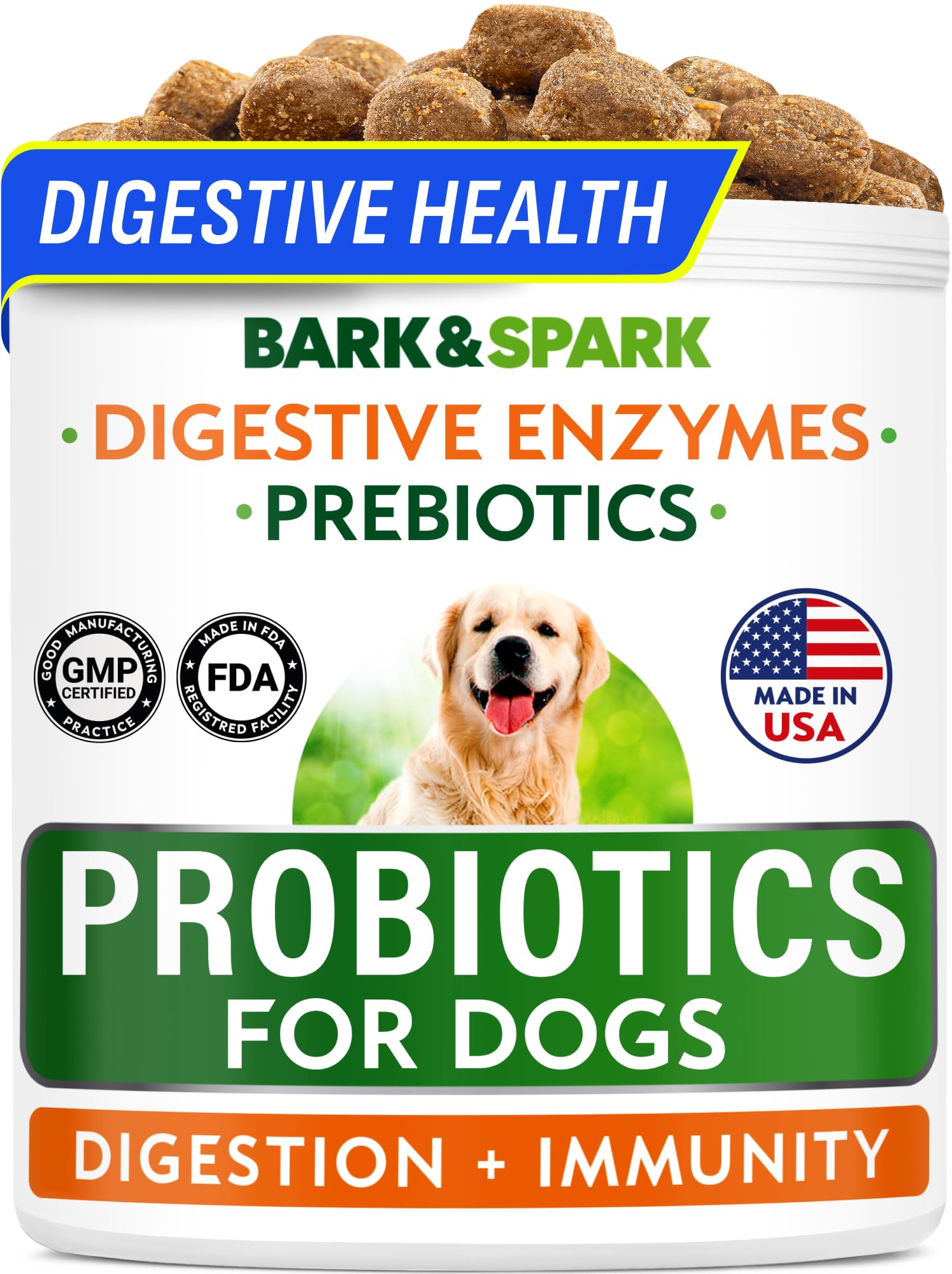 BARK&SPARK Probiotics for Dogs chew with chicken flavor supporting daily digestion.