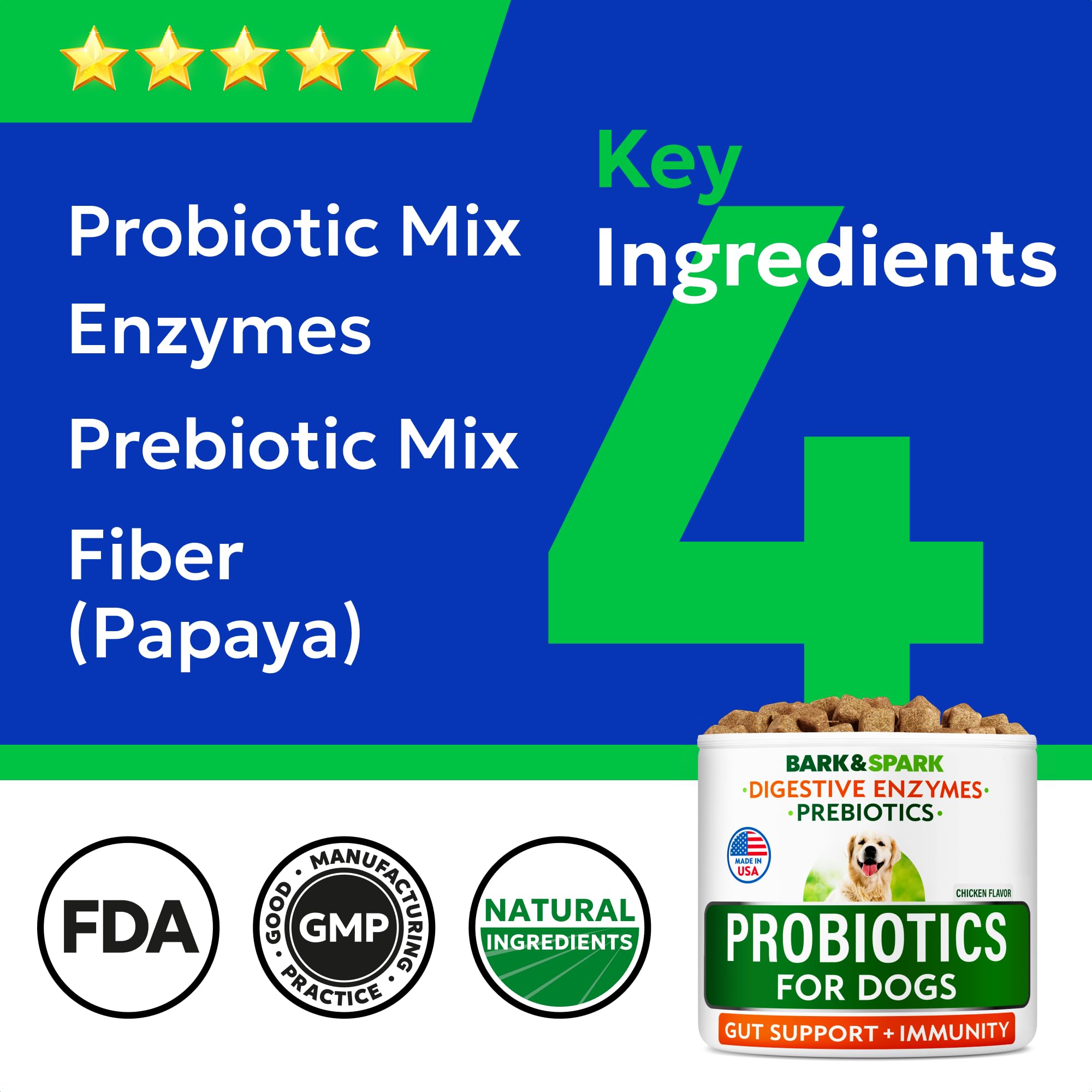 BARK&SPARK Probiotics for Dogs with enzymes aid gentle digestion across life stages.