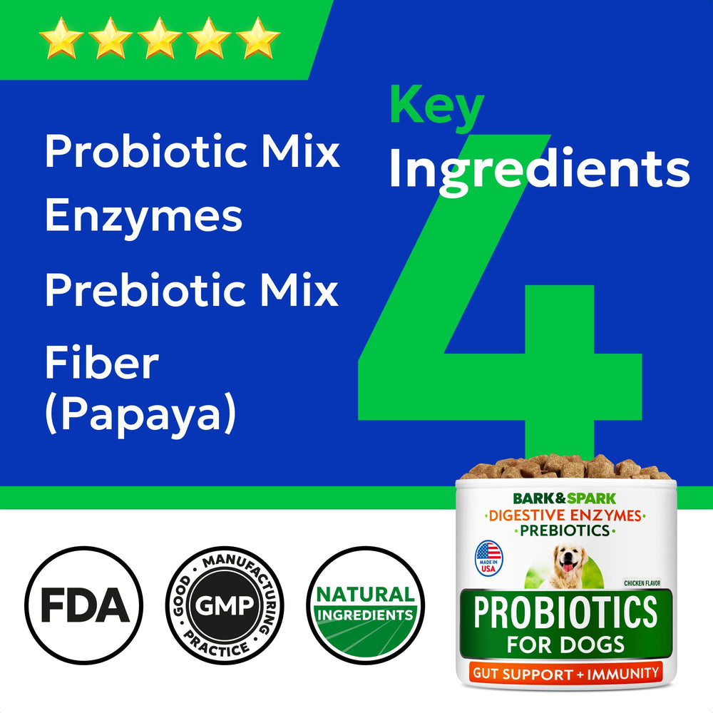 BARK&SPARK Probiotics for Dogs with enzymes aid gentle digestion across life stages.