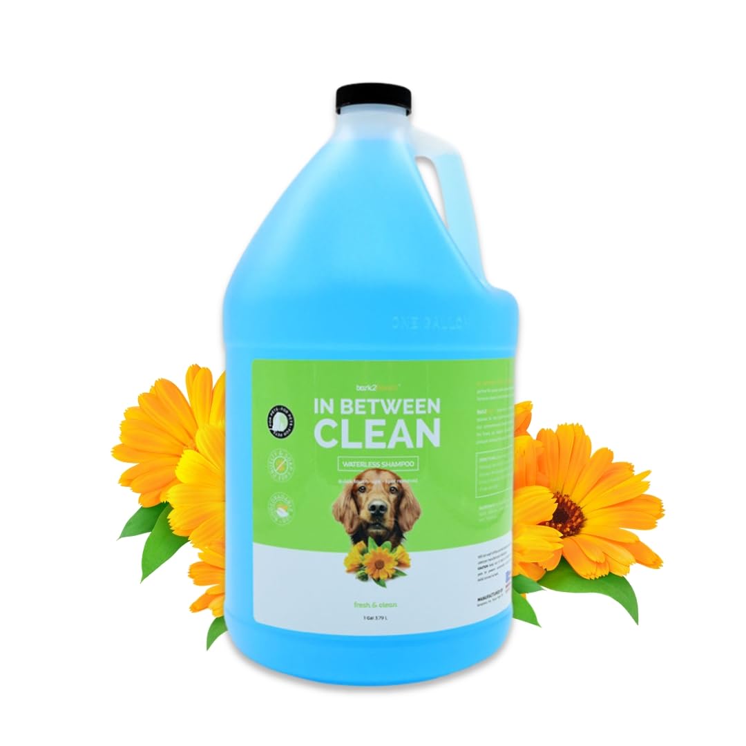 Bark2Basics waterless shampoo bottle pour showing quick coat refresh for a dog