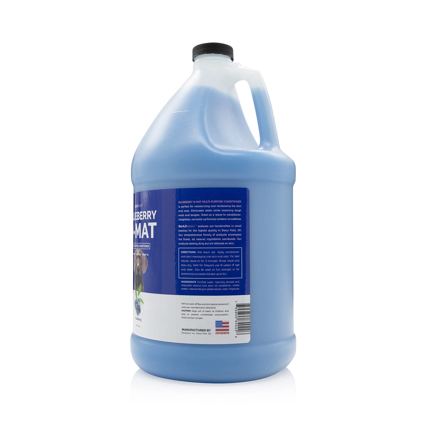 Bark2Basics Blueberry D-Mat conditioner label highlights natural ingredients.