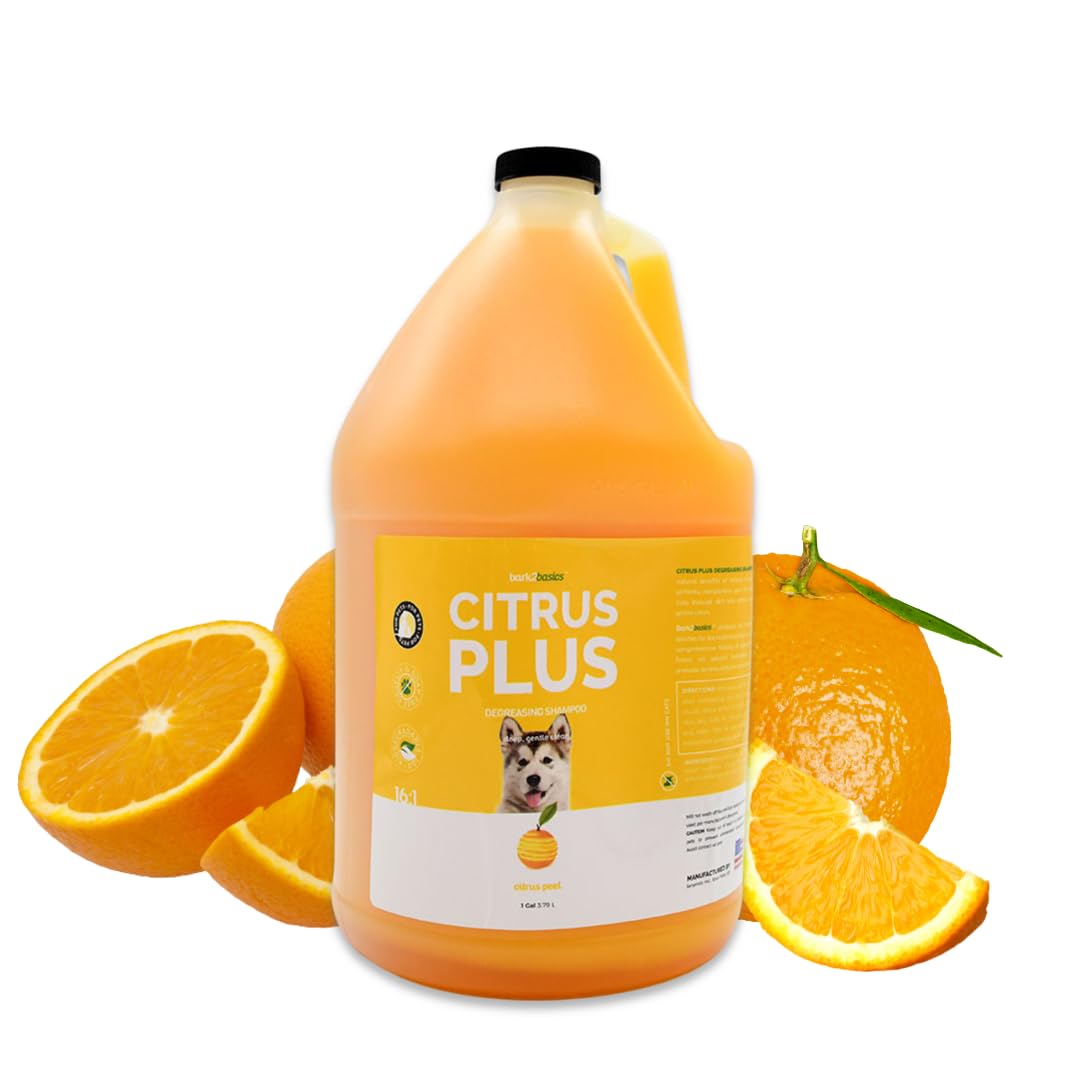Bark2Basics Citrus Plus bottle shows the all-natural dog shampoo formula for clean coats and easy use