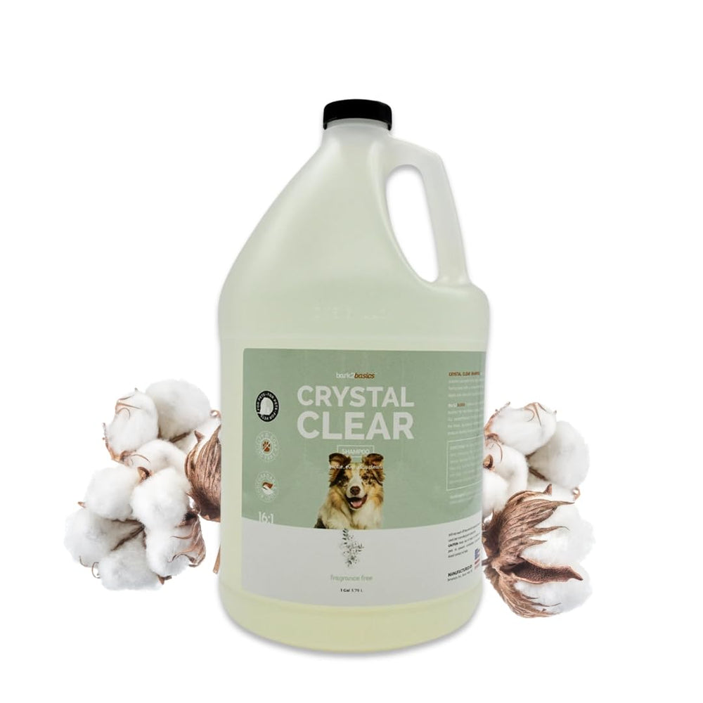 Bark2Basics Crystal Clear dog shampoo bottle front view for gentle, all-natural cleaning