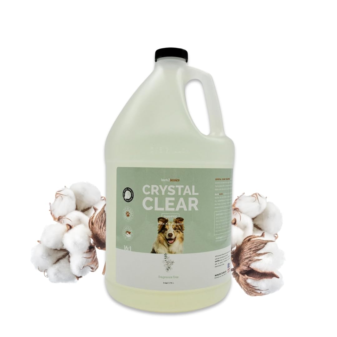 Bark2Basics Crystal Clear dog shampoo bottle front view for gentle, all-natural cleaning