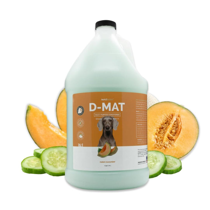 Bark2Basics D-Mat conditioner bottle demonstrates easy detangling and conditioning.
