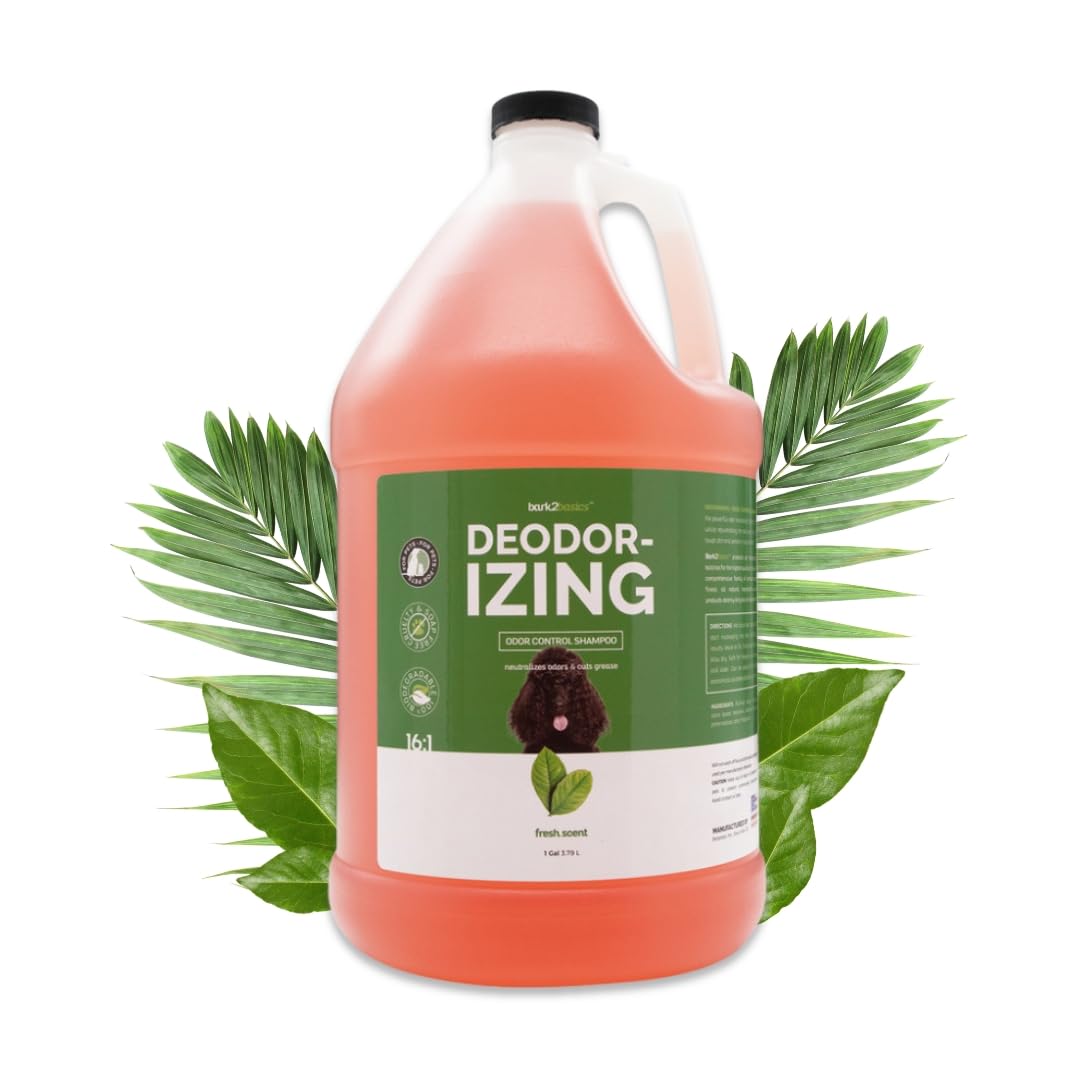 Bark2Basics deodorizing dog shampoo bottle front highlighting odor-control formula