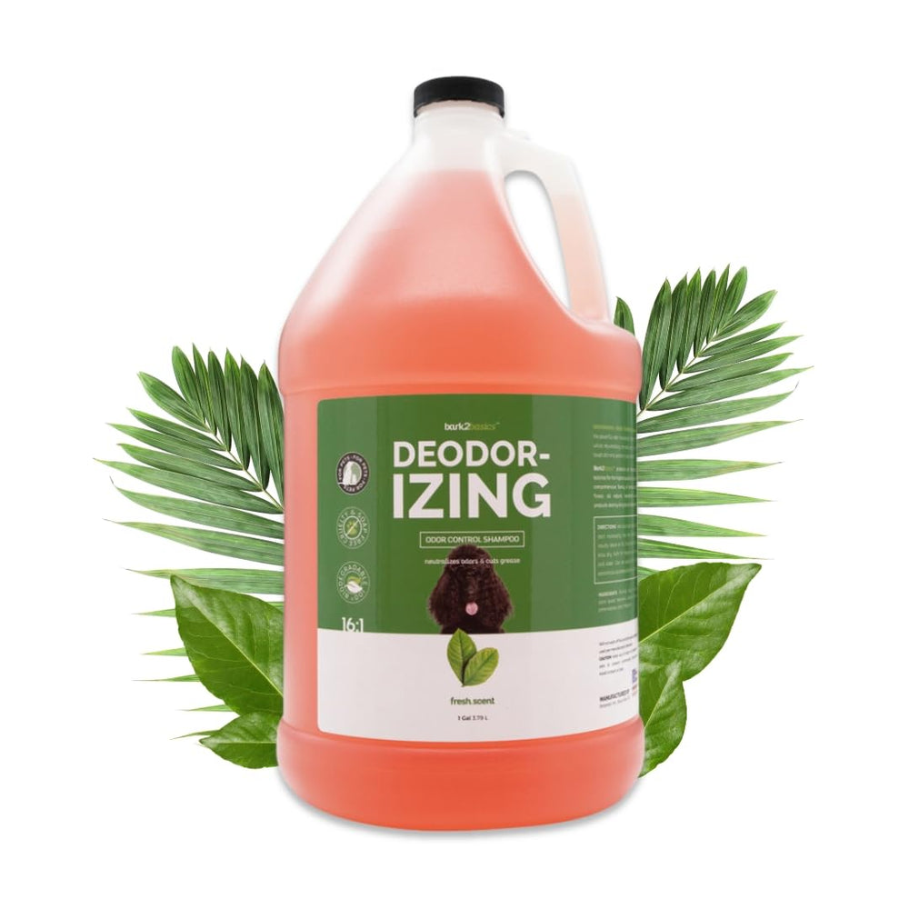 Bark2Basics deodorizing dog shampoo bottle front highlighting odor-control formula