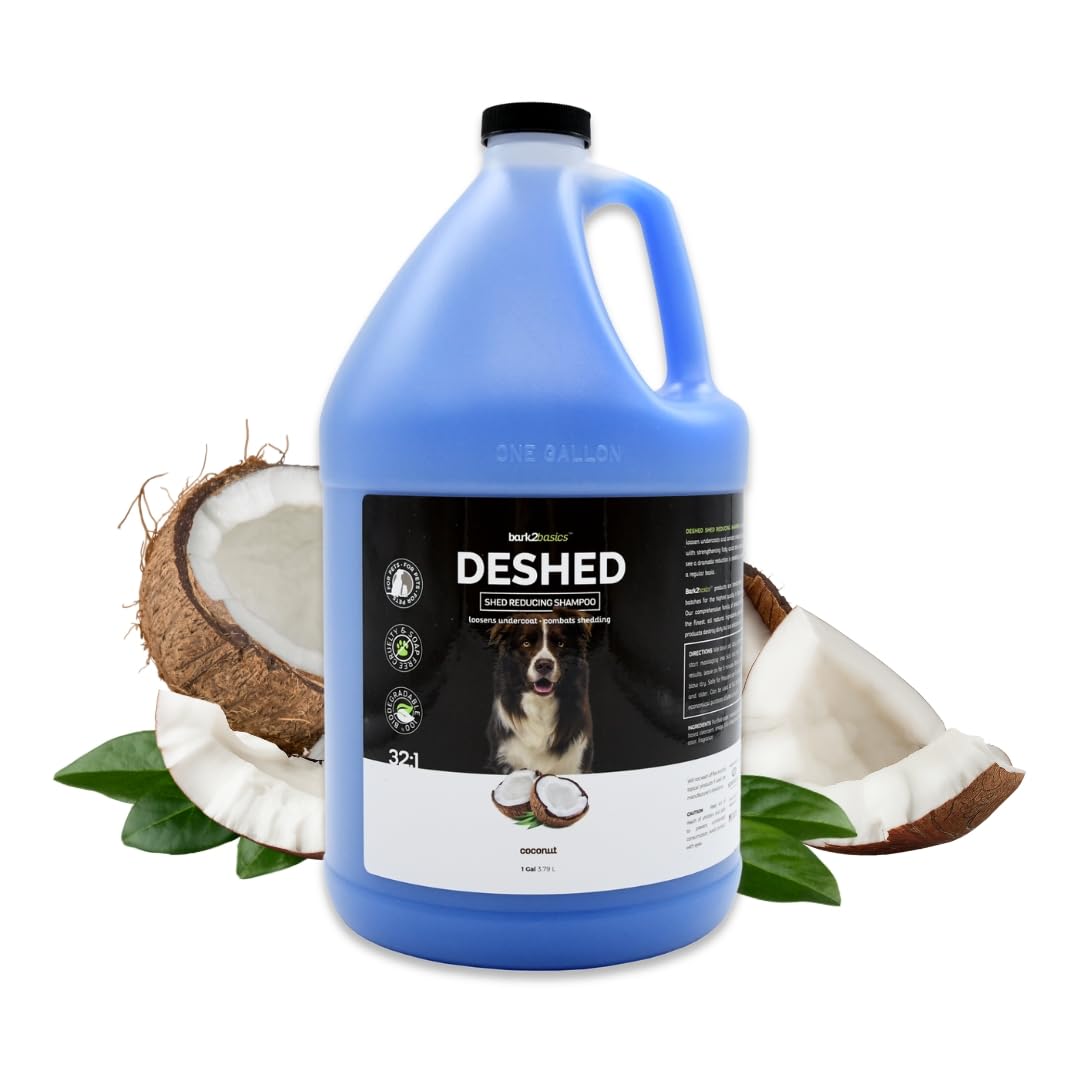 Bark2Basics deshedding shampoo bottle for dogs, concentrated formula for strong coats.
