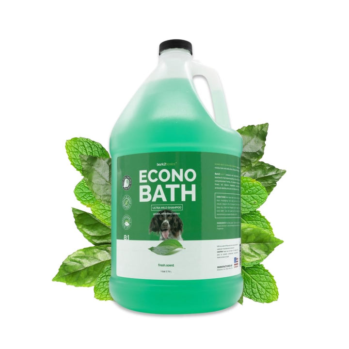 Bark2Basics Econo Bath bottle showing gentle cleansing for sensitive dogs